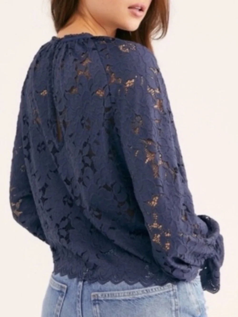 Free People Olivia Lace Tee Balloon Sleeve Blouse Blue Small boho romantic